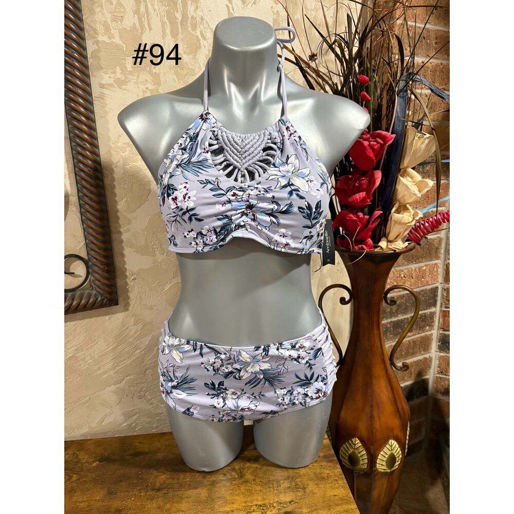 Ambrielle Swim Bikini Color Purple Floral Pattern Neck Straps  High Bottoms